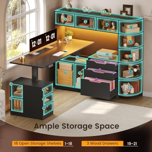 SEDETA 59" L Shaped Standing Desk with 3 Drawers Storage and Bookshelves