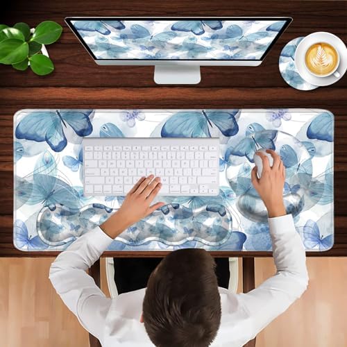 Mouse Pad,Large Pink Desk Mat, 4in1 XXL Mousepad + Keyboard Wrist Rest+Mouse Wrist Rest+Coaster Set with Ergonomic Desk Pad for Home Office Table Computer-Blue Butterfly