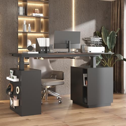 63" Electric Standing Desk with Lockable Drawer, Pegboard and Keyboard Tray, Height Adjustable Stand up Desk with File Cabinet & Shelves, Home Office Computer Gaming Table, Black