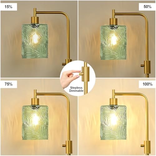 【Upgraded】 Dimmable Floor Lamp for Living Room with Green Feather Glass Lampshade, Gold Modern Floor Lamp with 900LM LED Bulb Included, Arc Standing Tall Lamp for Bedroom, Office, Reading Room, Corner