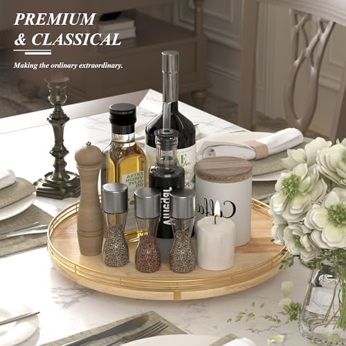 AMH16-Inch Rustic Lazy Susan with Solid Oak Base and Gold Iron Rail