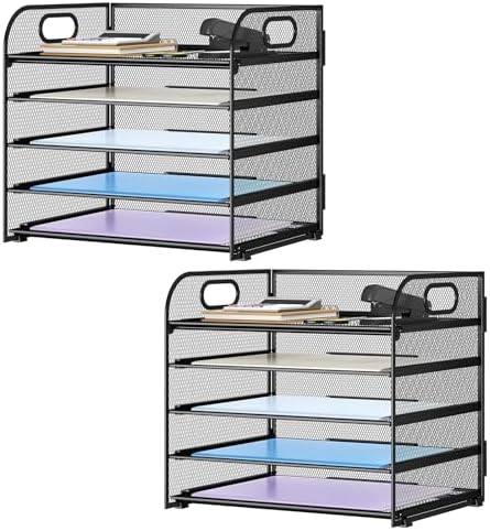 Paper Organizer Letter Tray with Handle Mesh 5 Trays-Black 2 Pack