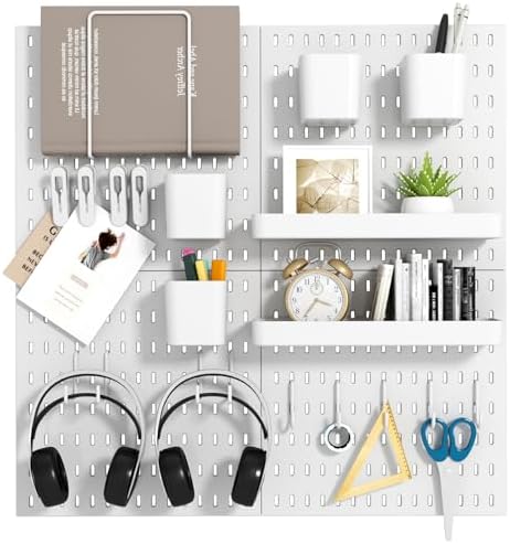 Peg Board Combination Kit, 4 Pegboards with 20 Accessories, Pegboard Wall Organizer for Office, Nursery & Home Storage, Key Holder, 25.6"x25.6" – Nail-Free Installation（White）