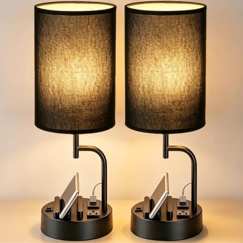 Dreamholder 2 Pack Table Lamp, Bedside Lamp with 3 USB Charging Ports & AC Outlet, USB Desk Lamp with 2 Phone Holders, Linen Fabric Shade Nightstand Lamps for Bedroom Living Room Office, Black Shade