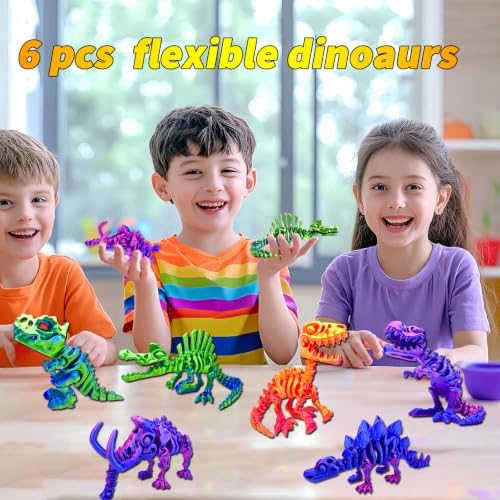 6pcs 3D Printed Dinosaur Skeletons, Flexible，Articulated T-Rex Fidget Toys,Large，3D Printed Animals,Desk Executive Toy，Easter Eggs Basket Stuffers,Toys for Boys Kids Teen Girl 5-7 4-6 8-12