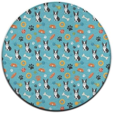 Large Home Decor Mat, Soft Round Yoga Carpet, Non Slip Machine Washable Kitchen Office Circle Rug Boston Terrier Dogs, 24inch