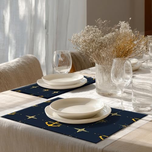 Shrahala Maritime Sea Sailing Symbols Placemats, Navy Blue Nautical Seamless Pattern Table Mat Linen Burlap Washable Double-Deck Heat Insulation for Dining/Kitchen Table Set of 6 (12 X 18 Inch)