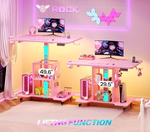 SEDETA Small Standing Gaming Desk, 31.5" Rolling Computer PC Desk Electric Height Adjustable with Power Outlet, Pegboard & Storage Shelves, LED Light, for Small Spaces/Bedroom/Gaming/Girl Room, Pink