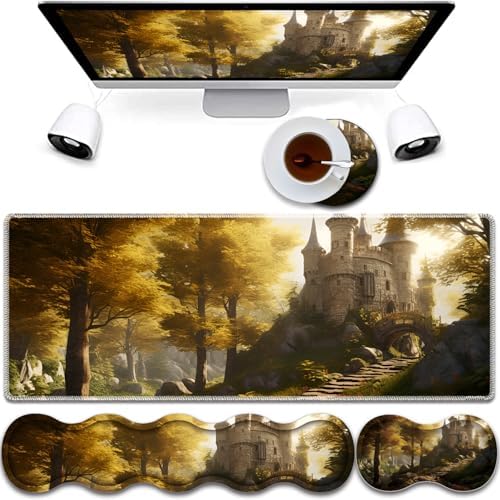 Mouse Pad Combo, Large Gaming Mouse Pad + Keyboard Wrist Support + Mouse Wrist Rest + Coaster, Table Pad 31.5 "x 11.8" with Memory Foam Ergonomic Wrist Pad Set, Fairytale Castle