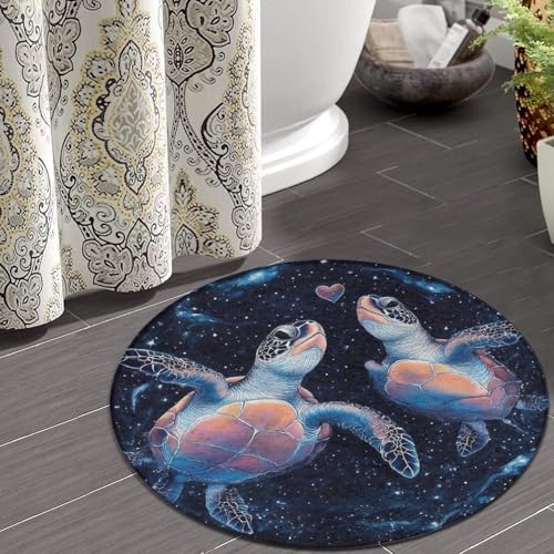 Machine Washable Modern Round Area Rug, Room Sofa Yoga Soft Round Carpet, Home Decor Non Slip Kitchen Office Circle Rug Trippy Space Sea Water Love Tortoise Turtle Art, 36inch