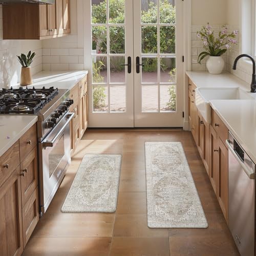 GENIMO Anti Fatigue Kitchen Mats for Floor 2PCS, Standing Rugs,BeigeTan