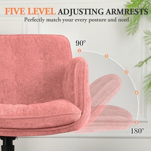 Criss Cross Chair with Lumbar Airbag & Folding Arms Relieve Back Pain, Wide Cross Legged Office Chair for Home Office, Comfy Swivel Desk Chair with Wheels, 5 Level Adjustable Armrest, Chenille(Pink)
