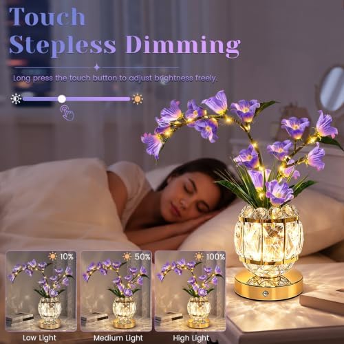 Lily Flower Lamps, Rechargeable Cordless Small Desk Lamp, 3 Colors Dimmable Artificial Flowers Night Light, Fake Bouquet 3 Lilies with Crystal Vase for Home Date Party Decoration (Purple - May Bells)