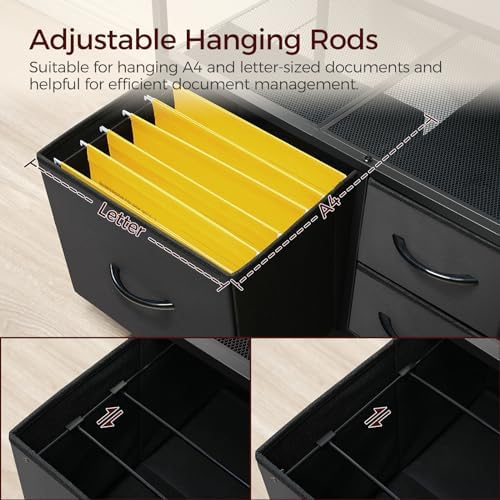 MAHANCRIS File Cabinet with Charging Station, 3 Drawer Lateral Filing Cabinet for Home Office, Mobile Printer Stand with Open Shelf, Fits A4/Letter Size File, Nonwovens Drawer, Black FCHB98E01