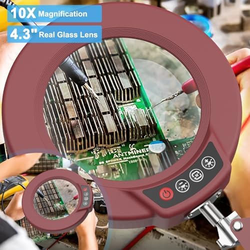 10X Magnifying Glass with Light and Clamp, Real Glass Stand Lighted Magnifier, 5 Color Modes Stepless Dimmable LED Desk Lamp Hands Free for Crafts Hobby Reading Painting Sewing Close Work - Red