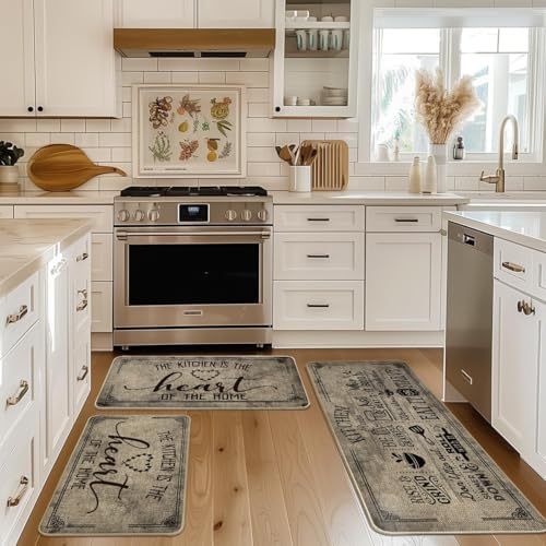 Artoid Mode Kitchen Quotes Kitchen Mats Set of 3, Seasonal The Kitchen is The Heart of The Home Cooking Sets Holiday Party Low-Profile Floor Mat - 17"x29"+17"x36"+17"x47"