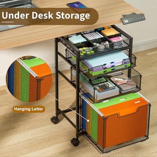Rolling File Cart with 3 Storage Drawers, Under Desk Filing Cabinet with DIY Divider, Hanging File Folder Organizer on Wheels, Fits A4/Letter Size, Metal Utility Cart for Home Office, Black