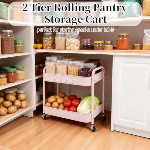 2 Tier Pink Rolling Cart with Wheels for Under Desk Storage, Large Capacity Rolling Pantry & Kitchen Storage Cart for Small Space, Sturdy Metal Bathroom Shelf Laundry Room Organization
