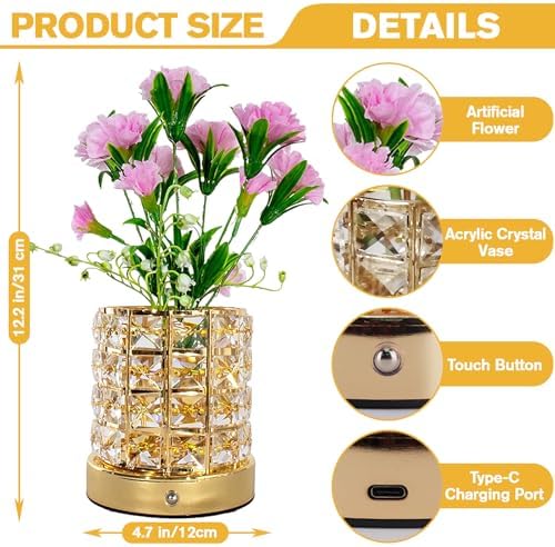 Flower Table Lamps, Rechargeable Cordless Small Desk Lamp, 3 Colors Dimmable Artificial Flowers Night Light, Fake Bouquet Carnation with Crystal Vase Gifts for Girl Women Mom (Pink - Carnation)