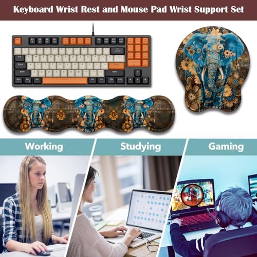 Keyboard Wrist Rest and Mouse Pad Wrist Support with Lace-Shaped Coaster Set, Ergonomic Gel Memory Foam and Anti-Slip Base, Easy Typing and Pain Relief - Blue Spotted Weevil