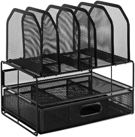 Amazon Basics Mesh Desk Organizer with Sliding Drawer, Double Tray and 5 Upright Sections, File Holder for Office Supplies, Paper Letter Tray, Black