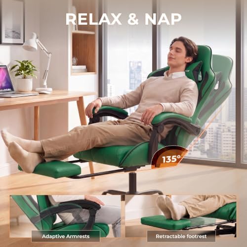 Dowinx Gaming Chair with Footrest, Ergonomic Office Chair, Green
