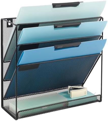EASEPRES Desk File Organizer Mesh 4-Tier, Hanging Wall Mount Document Organization Stand, Desktop Vertical Mail Paper Folder Holder Rack with Bottom Tray for Office Home Cubicle Countertop, Black