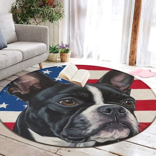 Large Round Area Rug Home Decor Modern Bathroom Rug Kitchen Office Circle Rug for Living Room Sofa Circle Cute Mat American US Flag Boston Terrier, 60inch