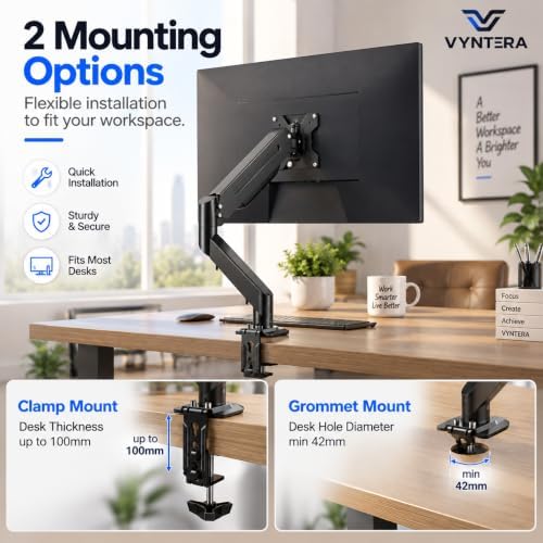 Single Monitor Arm Table Mount, Gas Spring Monitor Stand for 17–35" Monitors, 24.25 lbs Heavy Duty Monitor Mount, Full Motion ±80° Tilt & 360° Rotation, VESA 75x75 & 100x100, Clamp & Grommet