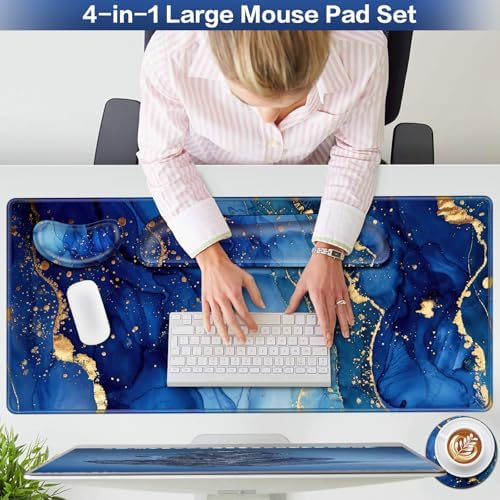 Desk Mat Blue, Large Gaming Mouse Pad with Wrist Rest, 4in1 XXL