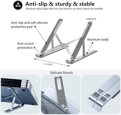 Portable Laptop Stand BEIFOER Foldable Laptop Stands for Desk, Adjustable Aluminum+Silicone Ergonomic Travel Laptop Riser, Ventilated Cooling MacBook Stand for All 10-18'' Notebook, Sliver
