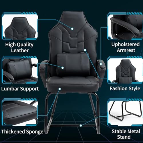 Leather Office Guest Chair No Wheels High Back Computer Reception Chairs with Padded Arms Waist Pillow for Meeting Gaming Conference Waiting Room, Black