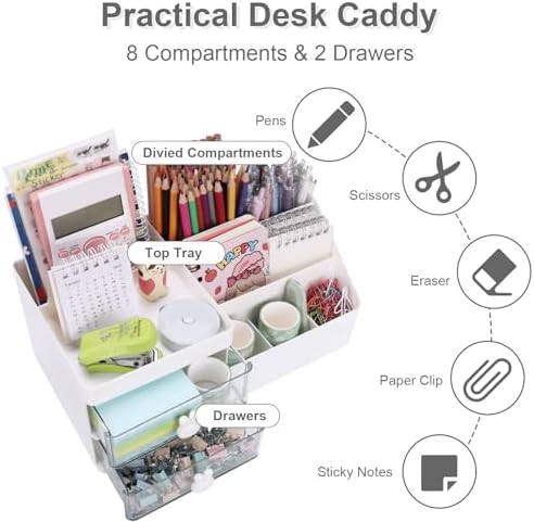 Meiikun Desk Organizer, Makeup Organizer with 2 Drawer, 7 Compartment & a Top Tray, Desktop Organizers and Storage for Women, Cute Home organization Bathroom, 11" x 5.7" x 4.7" (White)