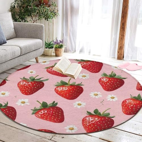 Large Machine Washable Circular Rugs, Home Decor Round Mat for Living Room Sofa Office Daisy Floral Pink Strawberry