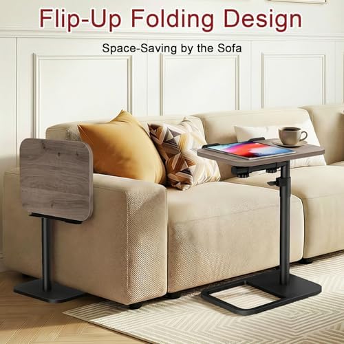 Height Adjustable Tv Trays Table for Sofa, Modern Angle Adjustable 360° Swivel and 180° Tilt Flip-Over Panel C Shaped Side Tables with Tablet Slots for Phone Computer (Grey)