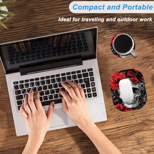 Small Mouse Pad，Mini Mouse Pad 6 x 7 Inch，for Laptop Keyboard Tray Wireless Mouse Home Office Travel，with Non-Slip Rubber Base, Waterproof Mouse Mat，Skull with Red Flowers