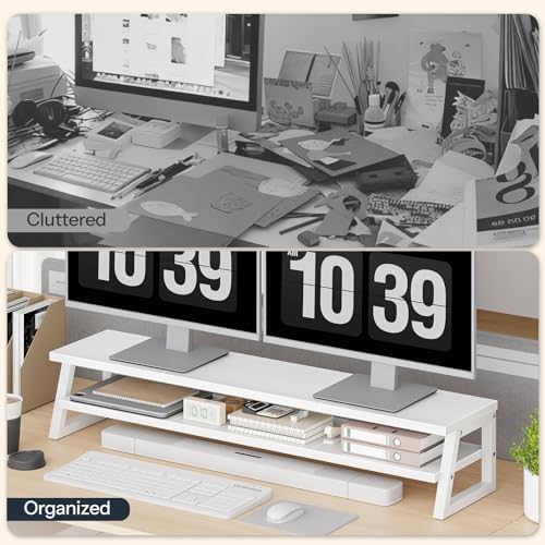 HOOBRO Dual Monitor Stand Riser, 39 Inch Large Computer Monitor Stand for 2 Monitors, Computer Monitor Riser, Desk Shelf Organizer for Office Desk, Accessories, White WW121CJ01