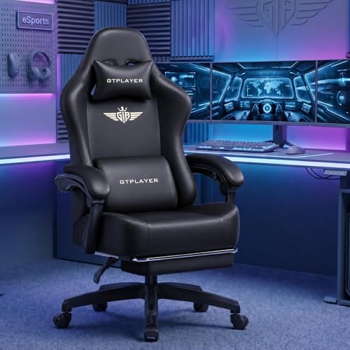 GTPLAYER Big and Tall Gaming Chair 400lbs Heavy Duty Office Chair with Footrest, High Back Pocket Spring Ergonomic Computer Chair for Adults, Wide Seated Cushion with Linkage Armrests, Leather Black