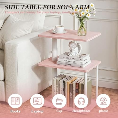 Faesun Swivel Side Table for Couch Arm, Adjustable C End Table for Recliner or Bed, Tv Trays with Storage Shelf for Small Spaces Small Nightstand Table for Living Room, Bedroom，Pink