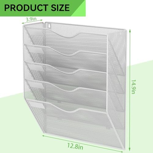 5 Pockets Hanging Wall File Organizer Mail Holder, Wall Mounted Paper Document Folder Holder, Clipboard Storage Organization Magazine Rack, Silver