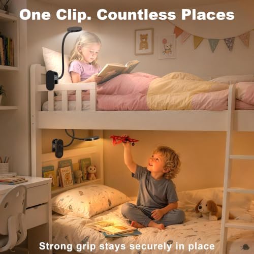 Rechargeable Clip on Light for Bed, 61 LED Cordless Reading Lamp with 3 Color Modes & 10 Brightness Levels, Portable and Flexible Book Light Clamp on Office Desk Bunk Bed Dorm Headboard (Black/3.5'')