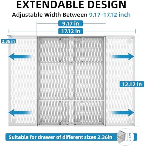 Marbrasse Expandable Desk Drawer Organizer, Mesh Tray with 10 Adjustable Compartments, Desk Organizers for Office Supplies, Makeup & Vanity (Expandable-Silver)