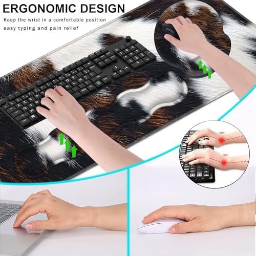 Mouse Pad,Large Pink Desk Mat, 4in1 XXL Mousepad + Keyboard Wrist Rest+Mouse Wrist Rest+Coaster Set with Ergonomic Desk Pad for Home Office Table Computer-Cute Cowhide Brown Black Cow