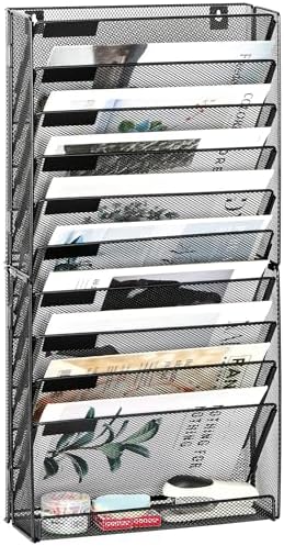 EasyPAG Wall File Holder 10 Tier Mesh Hanging Folder Organizer with Flat Tray Wall Mounted Mail Organizer Magazine Paper Desk Shelf with Nametag Label for Office Home School, Black