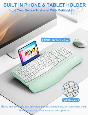 Hayyiesh Ergonomic Wave Keys Wireless Keyboard and Mouse Combo, Full Size with Memory Foam Wrist Rest & Phone Holder, 2.4G Cordless Set with USB-C Adapter for Windows Mac Desktop Laptop (Mint Green)