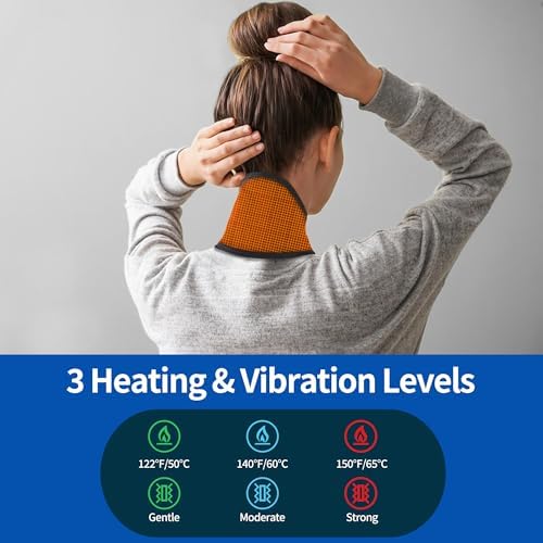Red Light Cordless Neck Heating Pad with Vibration Massage for Neck Pain Relief, Heat Pad for Neck with 3000mAh Battery, Heated Neck Massager for Soreness Stiffness, 3 Levels Heat & Massage