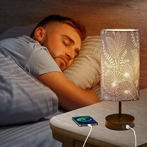 Bedside Table Lamp with 2 USB Ports, Modern Touch Control Desk Lamp with Round Flower Flaxen Fabric Shade, 3 Way Dimmable Small Nightstand Lamp for Bedrooms Living Room Dorm Gray Decor(Bulb Included)