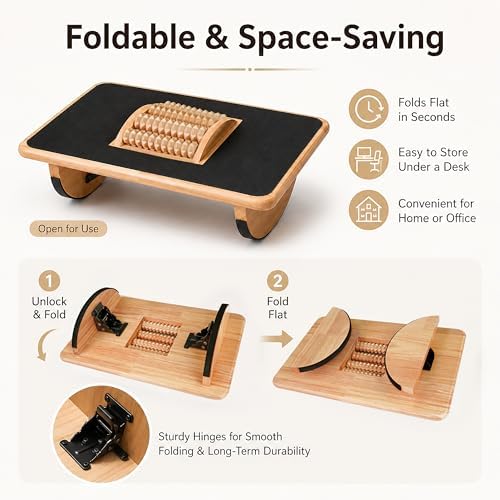 Foldable Under Desk Foot Rest, Wooden Rocking Footrest with 4 Massage Rollers, Natural Rubber Wood Ergonomic Foot Stool with Silicone Anti-Slip Surface, Office Home Study Footrest for Post