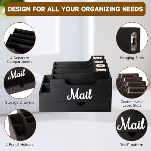 Wood Mail Organizer Countertop, with 6 Compartments and Drawer
