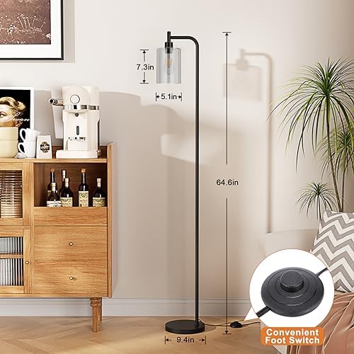 Ziisee Floor Lamps for Living Room - Standing Lamp with Grey Glass Shade, Modern Floor Lamp with LED Bulbs, Industrial Floor Lamp for Bedroom, Black Tall Lamp for Office(Light Bulb Included)